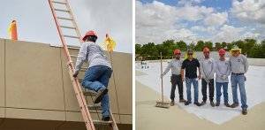 side by side photo of a dc taylor co employee climbing a ladder and a group of employees posing for a picture on top of a flat roof